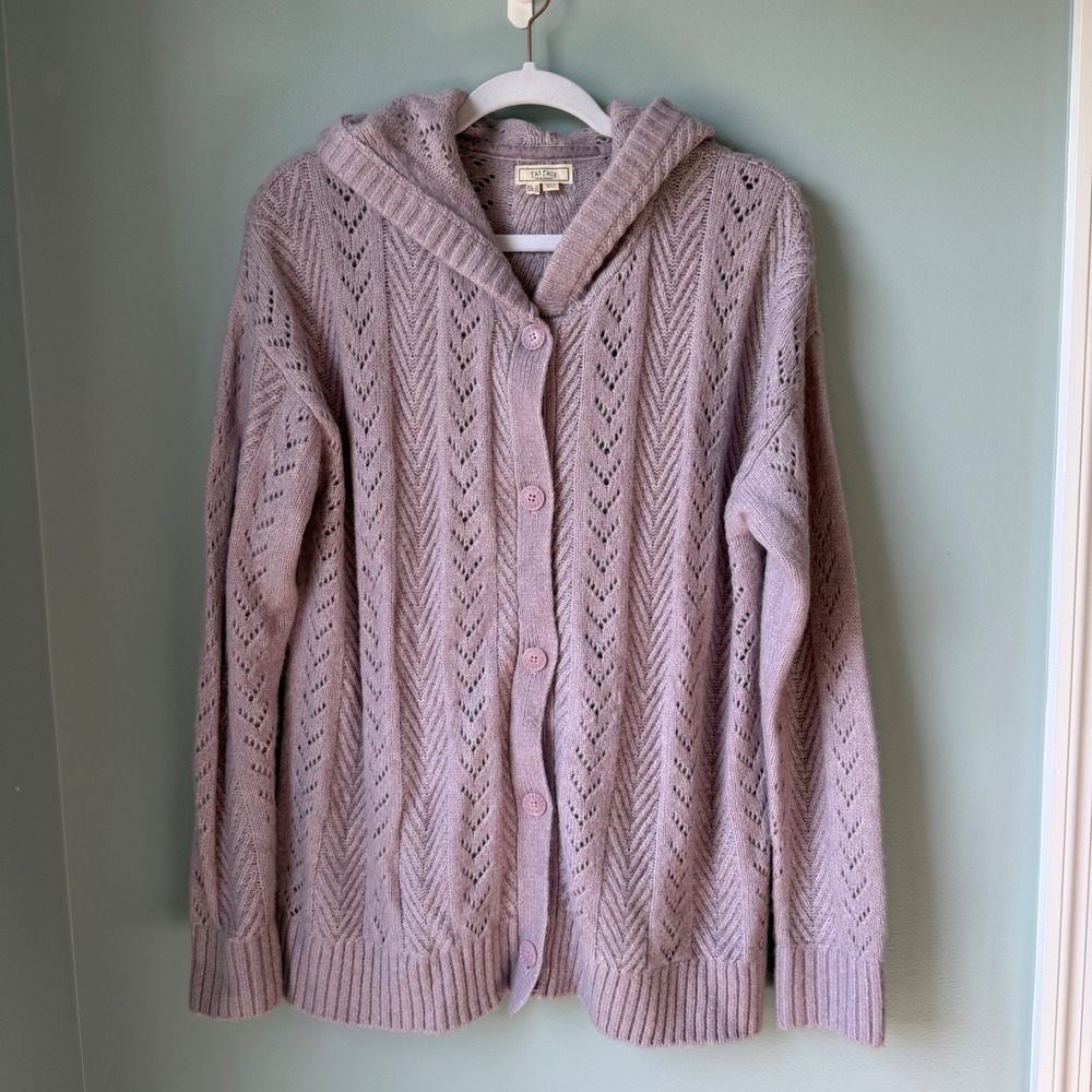 FatFace Debbie Hooded Cardigan Sweater Alpaca Blend Purple Chevron Knit Size 10